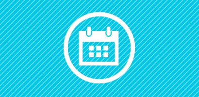 Icône blanche circulaire représentant un calendrier sur fond cyan.

