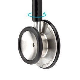 Pavillon de stéthoscope 3M Littmann Classic III avec une flèche cyan indiquant la rotation du pavillon.