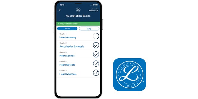 iPhone sur lequel figure l’application Littmann Learning à côté de l’icône Applications.

